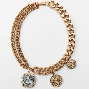 Zara Gold Chain Necklace with Embossed Coin Pendants Lobster Clasp 4548/250 NWT